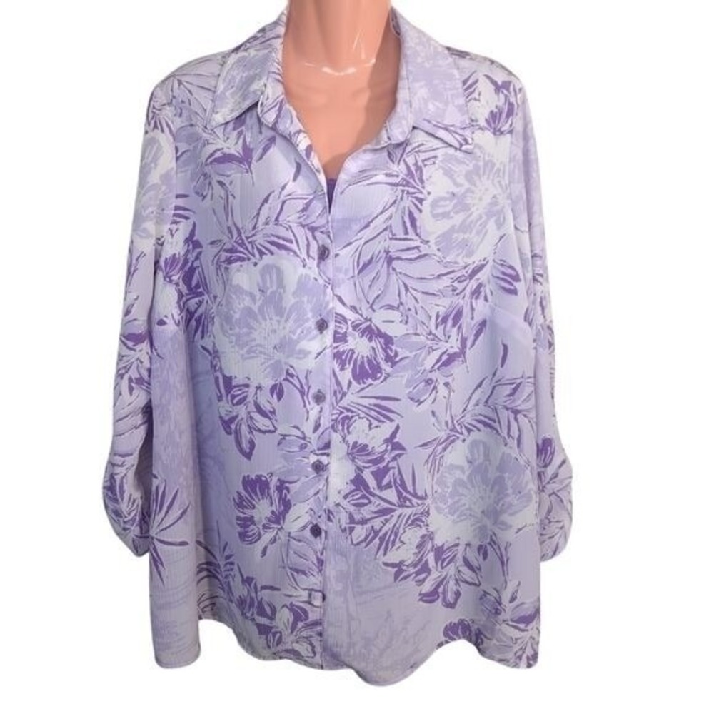 White‎ Stag Women's Blouse Purple Floral Print 3/4 qrt Sleeve 1X (16W)